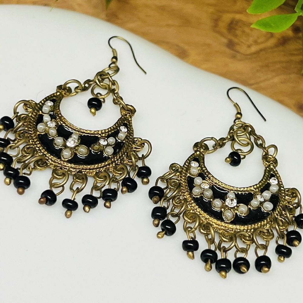 Vintage Beaded Dangle Earrings Ethnic Tribe Chain Gypsy Black Antiqued Gold 1303 - Picture 3 of 6
